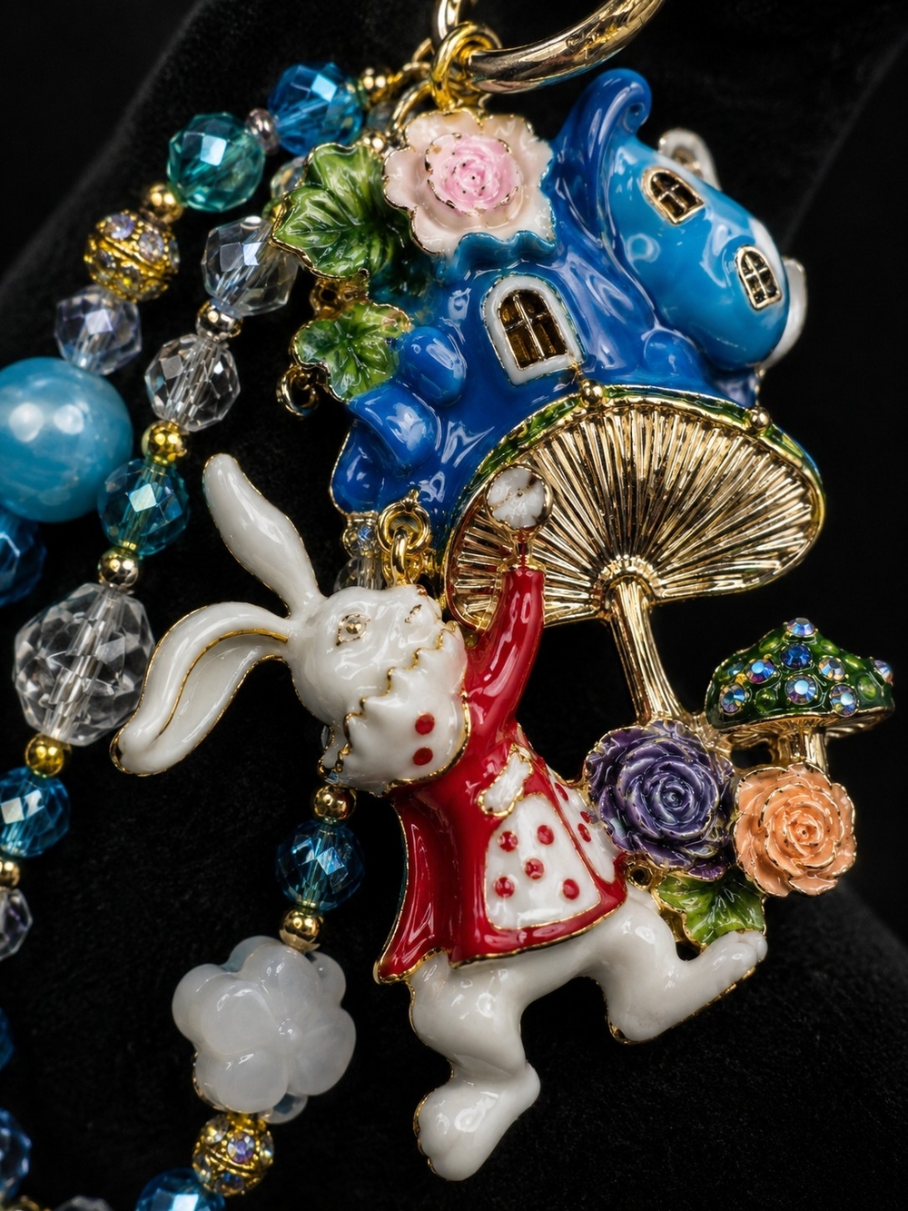 Enamel White Rabbit & Blue Mushroom Charm Keychain